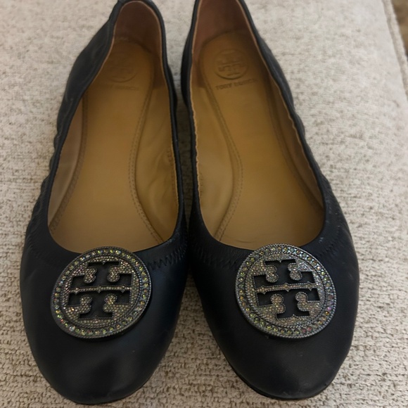 Good condition Tory Burch Ballet Toe Rinestone Navy Flat 8M - Picture 1 of 3